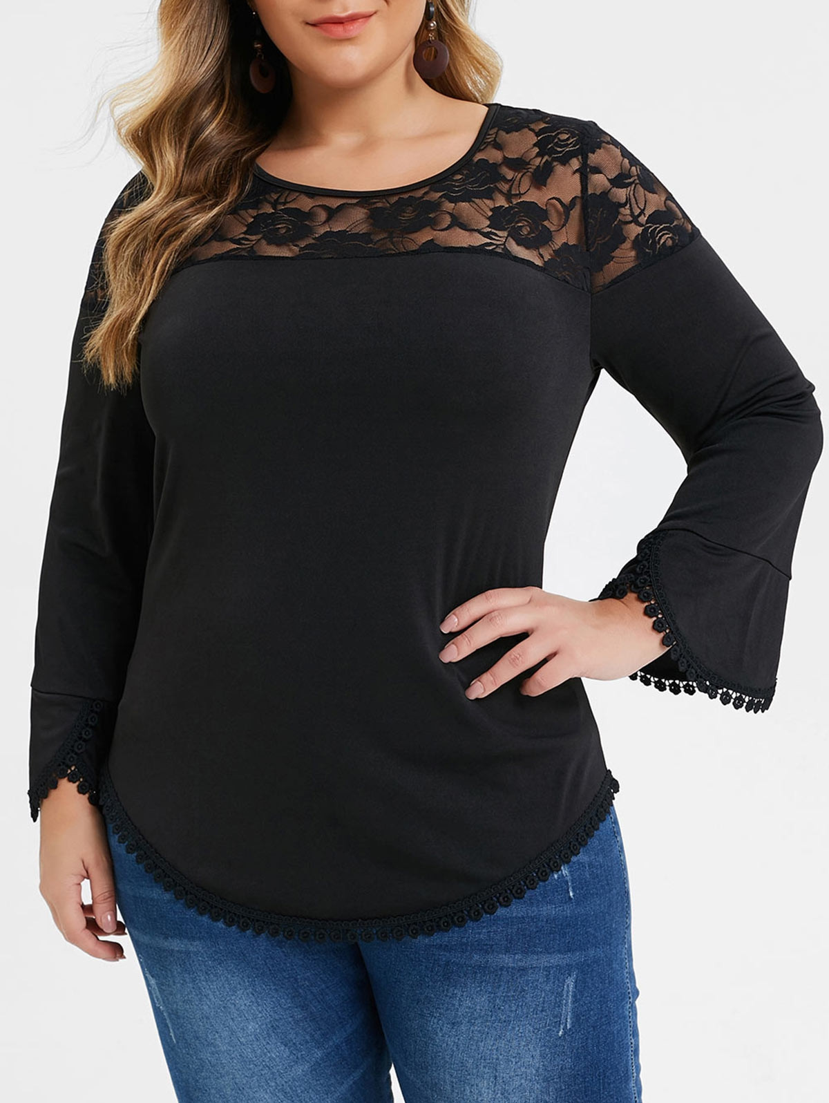 Plus Size Lace Insert Ruffle Cuff T-shirt BLACK