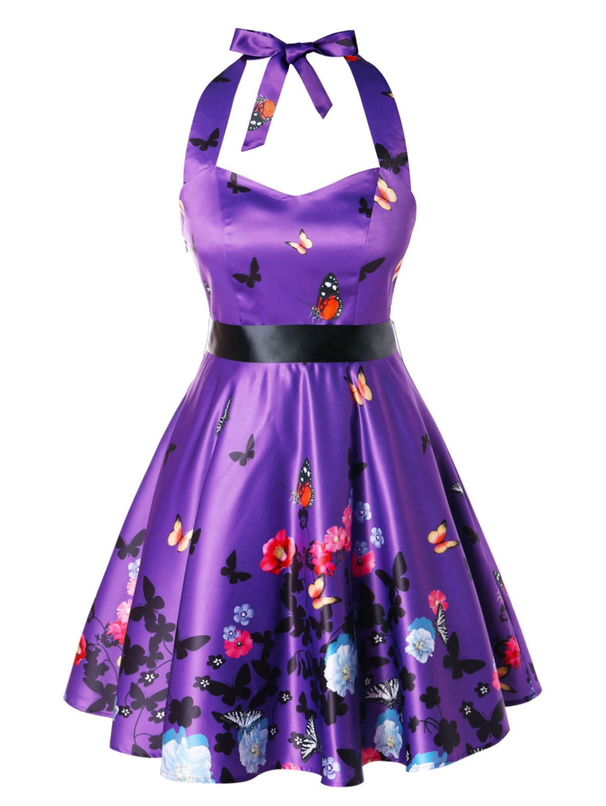 Plus Size Halter Floral Print Pin Up Dress PURPLE IRIS