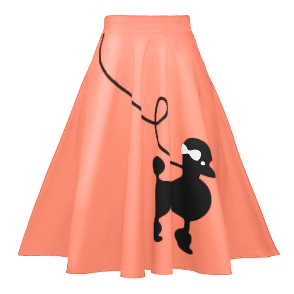 Women Skirt Dog Printed Loose Fold A-line High Waist Zipper PINK