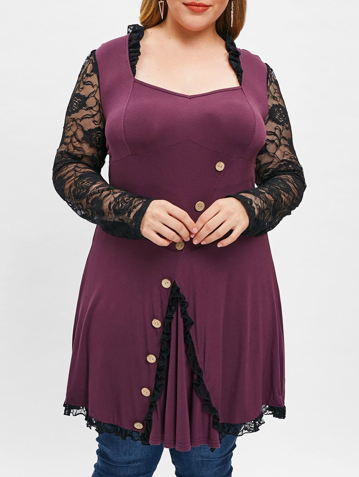 Plus Size Buttons Lace Long Sleeves Sweetheart Neck Slit Tee MAROON