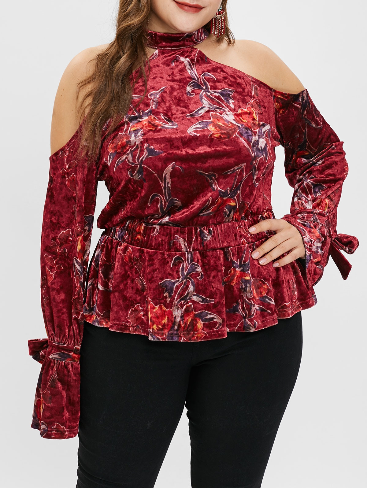 Open Shoulder Plus Size Velvet T-shirt FIREBRICK