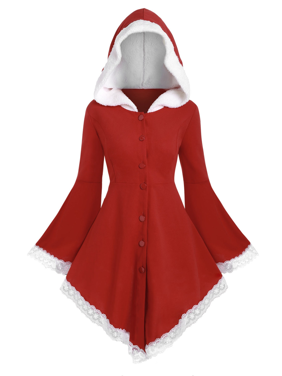 Faux Shearling Hooded Bell Sleeve Plus Size Christmas Coat RED