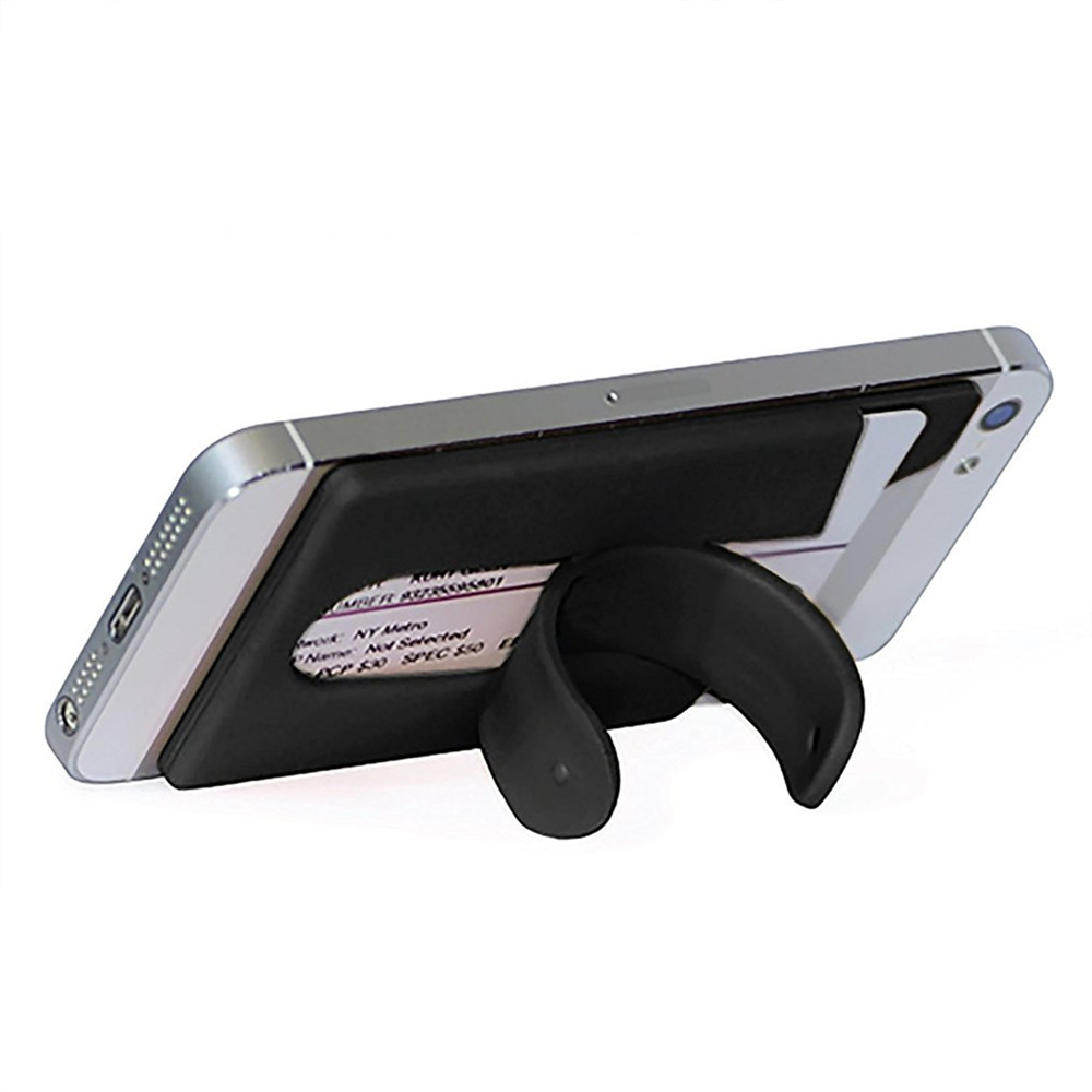Silicone Wallet Mobile Smart Adhesive Sleeve Card Holder for Phone with Stand BLACK