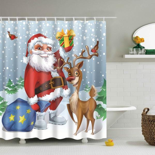 Christmas Gift Elderly Bathroom Polyester Shower Curtain LIGHT BLUE