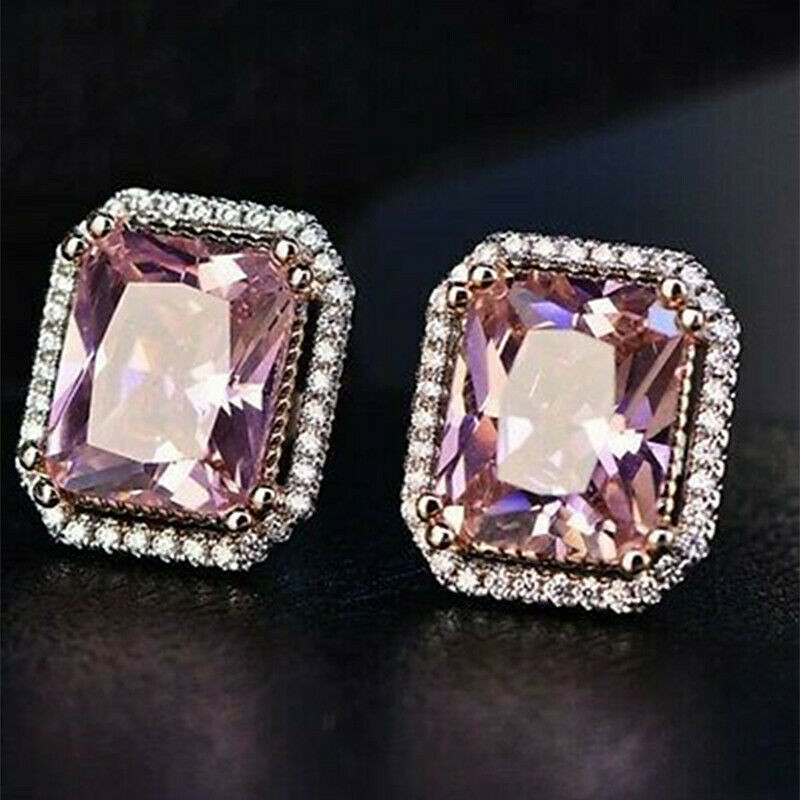Fashion Stud Earrings Women 925 Silver Pink Sapphire Jewelry A Pair/set