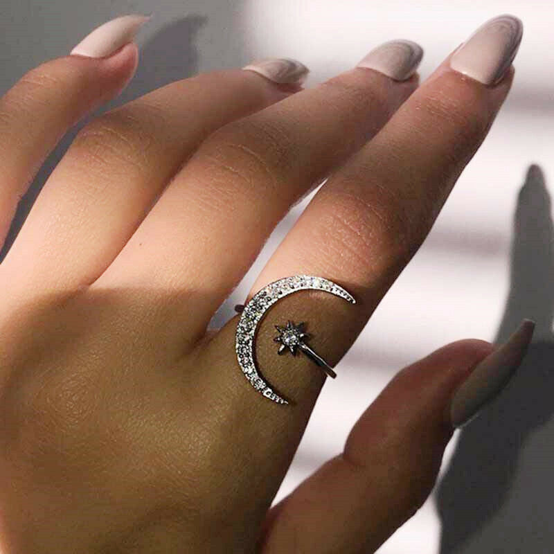 Star Moon 925 Silver,Rose Gold,Gold Women's Rings White Sapphire Size Adjustable