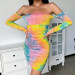 Women Sexy Tie-dye Off Shoulder Dress Long Sleeve Strapless Mini Dress Shrink Pleated Short Dress for Ladies