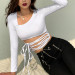 Fashion Lace up Front Crop Tops for Women Solid Skew Collar Hollow Out Long Sleeve T-shirts 90s E-girl Style White Tops