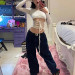 Fashion Lace up Front Crop Tops for Women Solid Skew Collar Hollow Out Long Sleeve T-shirts 90s E-girl Style White Tops