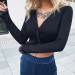winter pure knitting lace crop tops women black white V-neck T-shirt 2019 wild stretch Slim office street tees mujer